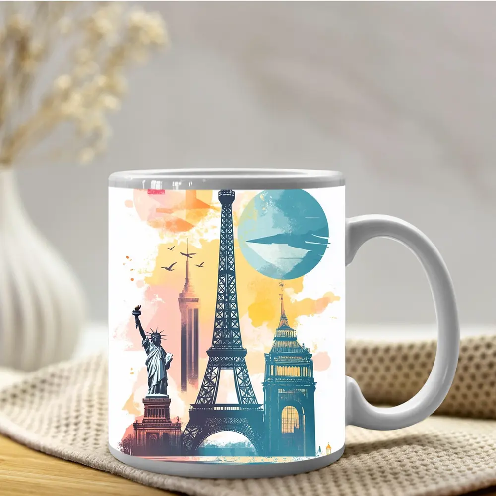 World Landmarks Travel Watercolor Collage Art – Mugs