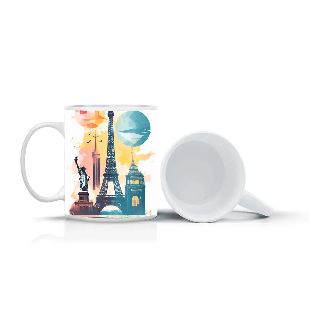 World Landmarks Travel Watercolor Collage Art – Mugs
