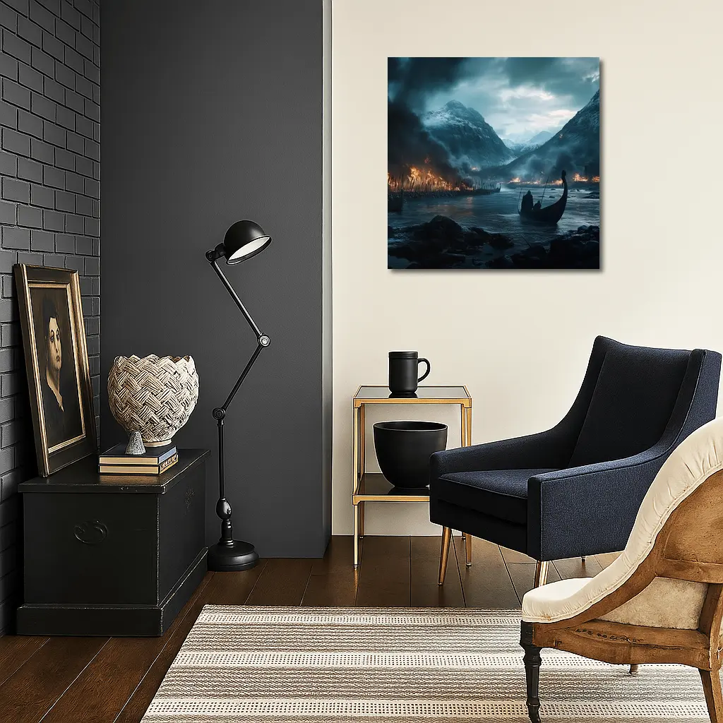 Viking Longship Dark Fjord Battle Scene – Wall Art