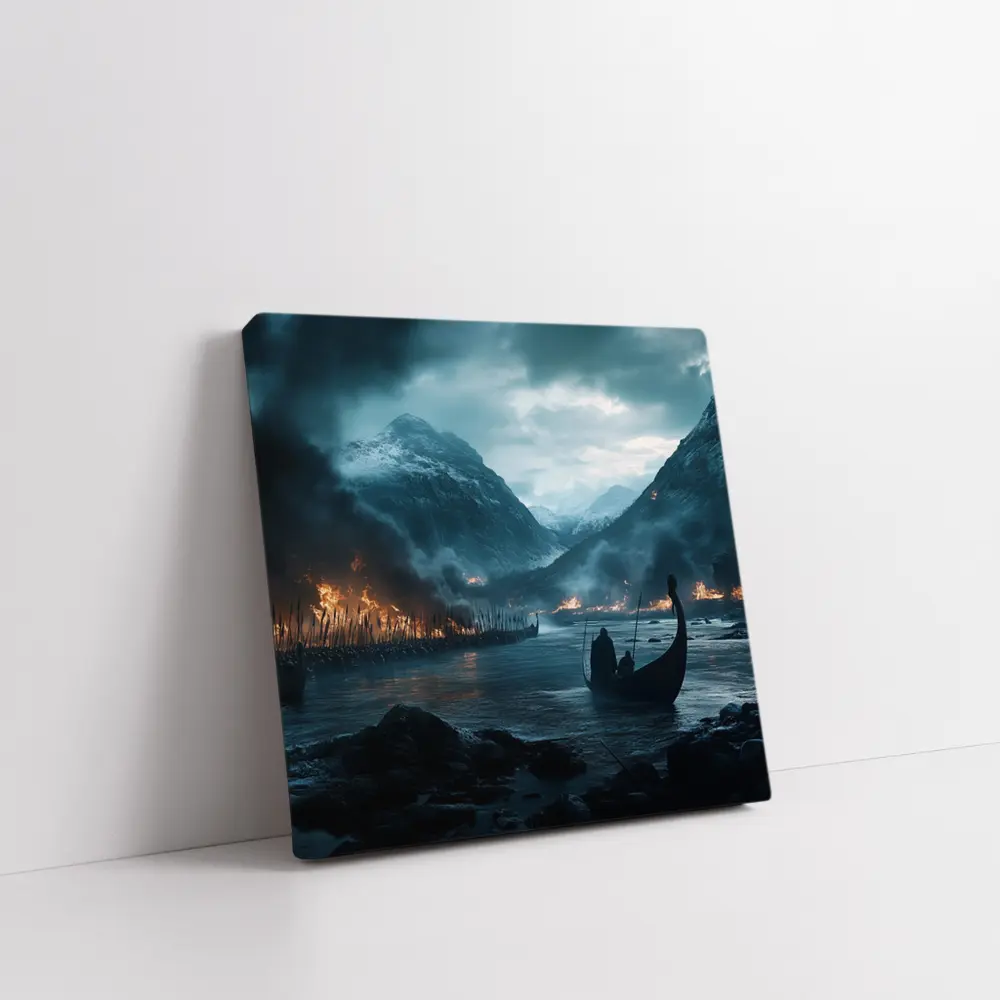 Viking Longship Dark Fjord Battle Scene – Wall Art
