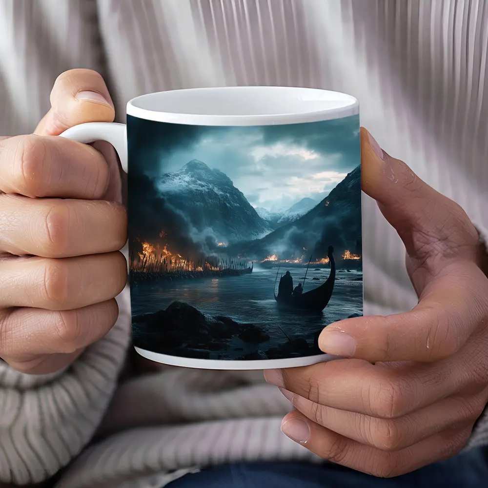 Viking Longship Dark Fjord Battle Scene – Mugs