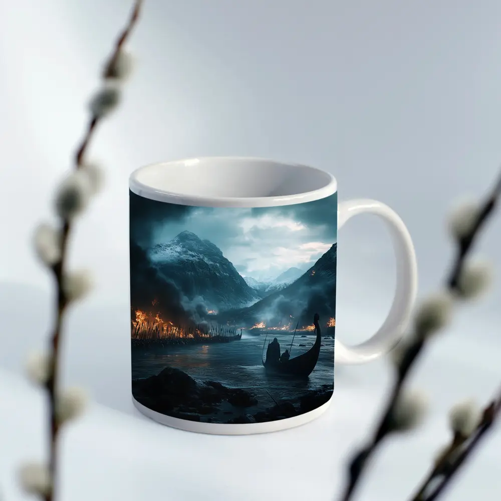 Viking Longship Dark Fjord Battle Scene – Mugs