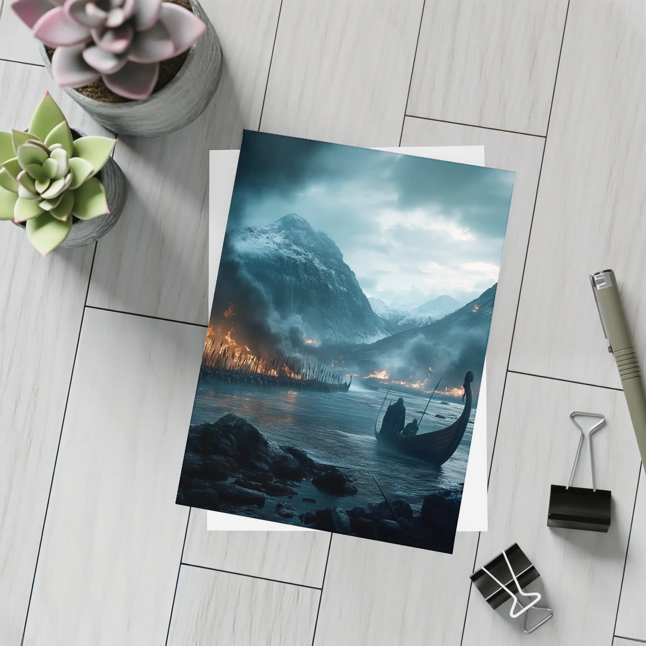 Viking Longship Dark Fjord Battle Scene – Postcards