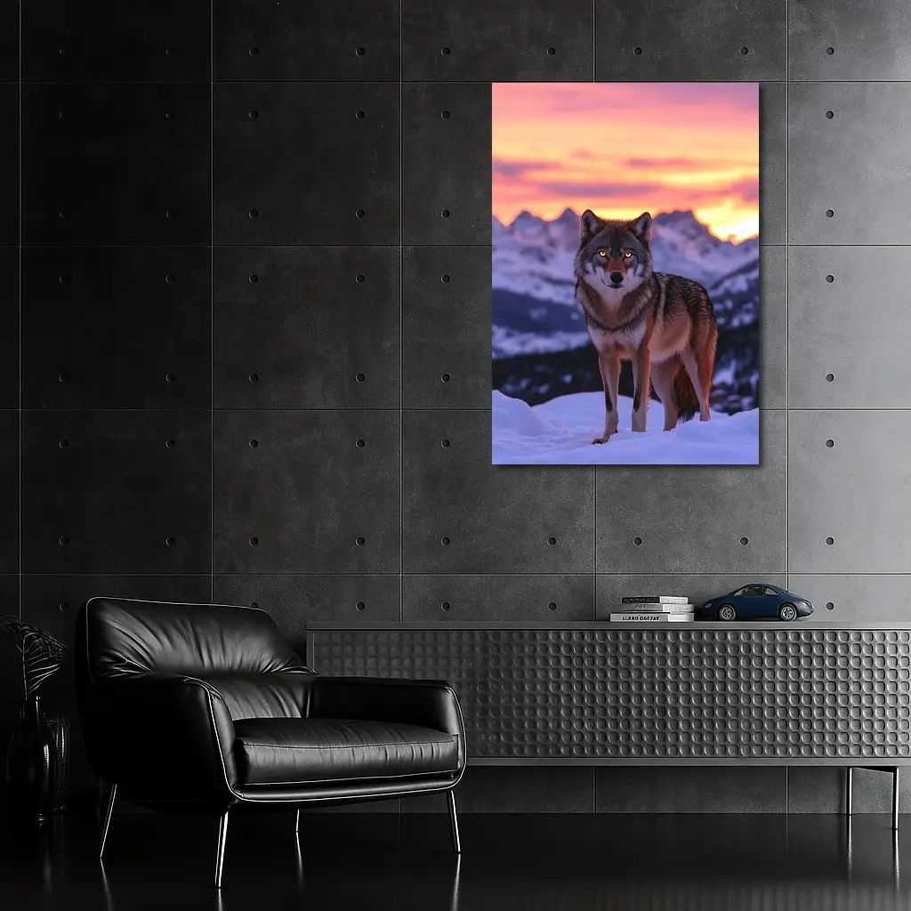 Gray Wolf Standing in Snowy Mountain Sunset – Wall Art