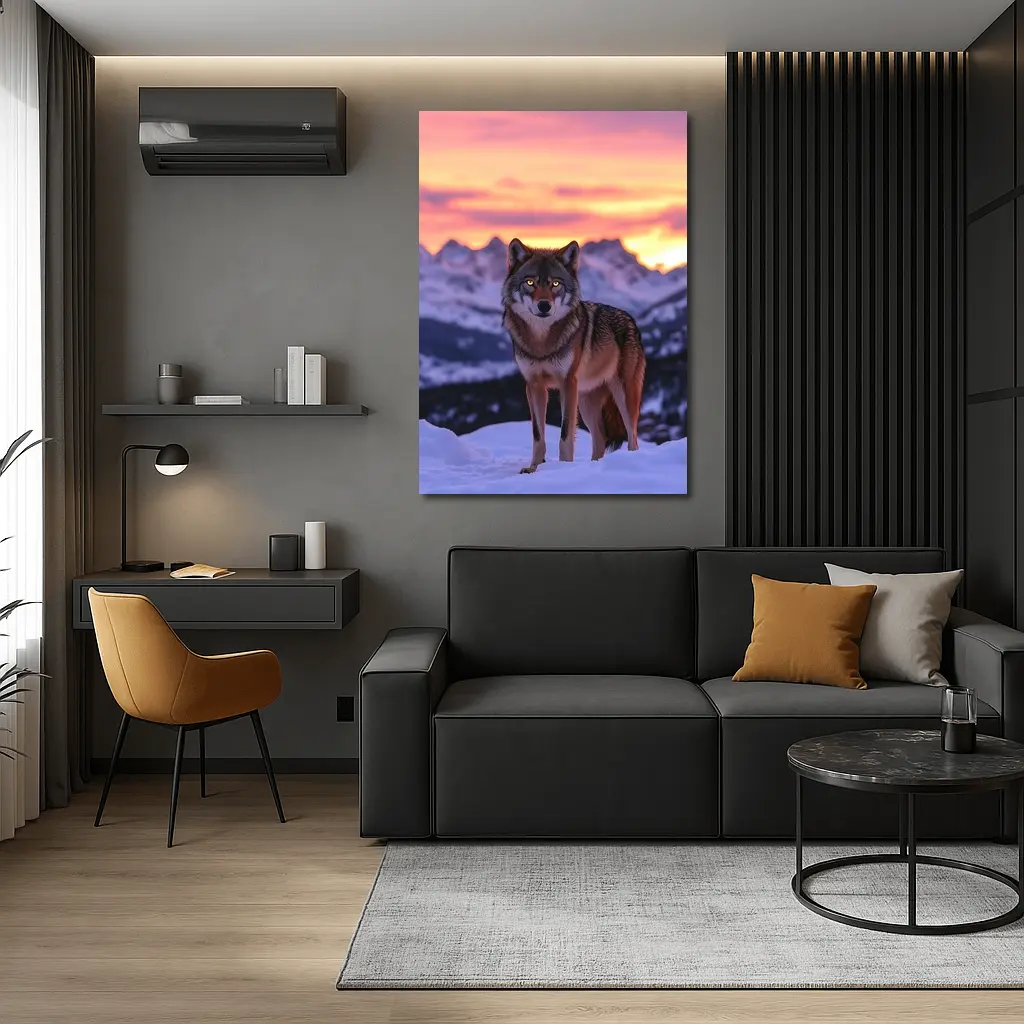 Gray Wolf Standing in Snowy Mountain Sunset – Wall Art