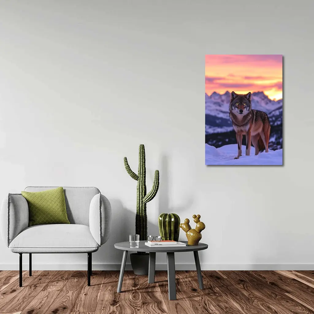 Gray Wolf Standing in Snowy Mountain Sunset – Wall Art