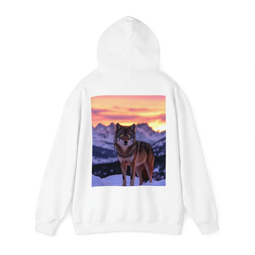 Gray Wolf Standing in Snowy Mountain Sunset – Hoodies