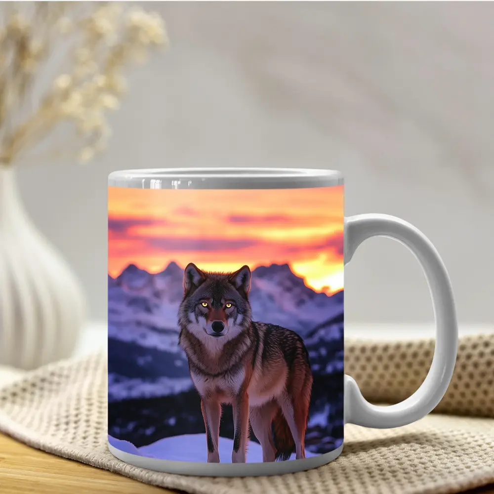 Gray Wolf Standing in Snowy Mountain Sunset – Mugs