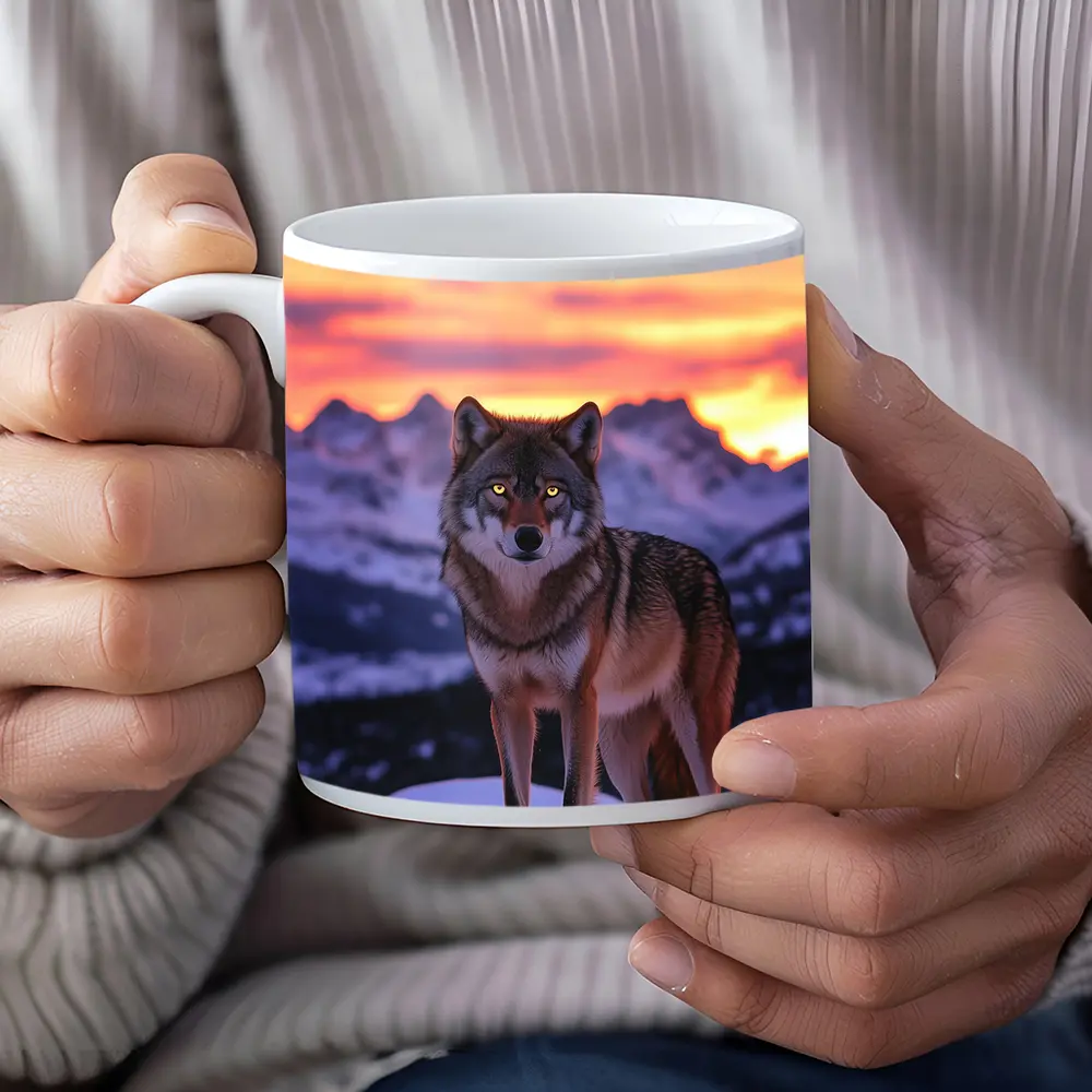 Gray Wolf Standing in Snowy Mountain Sunset – Mugs