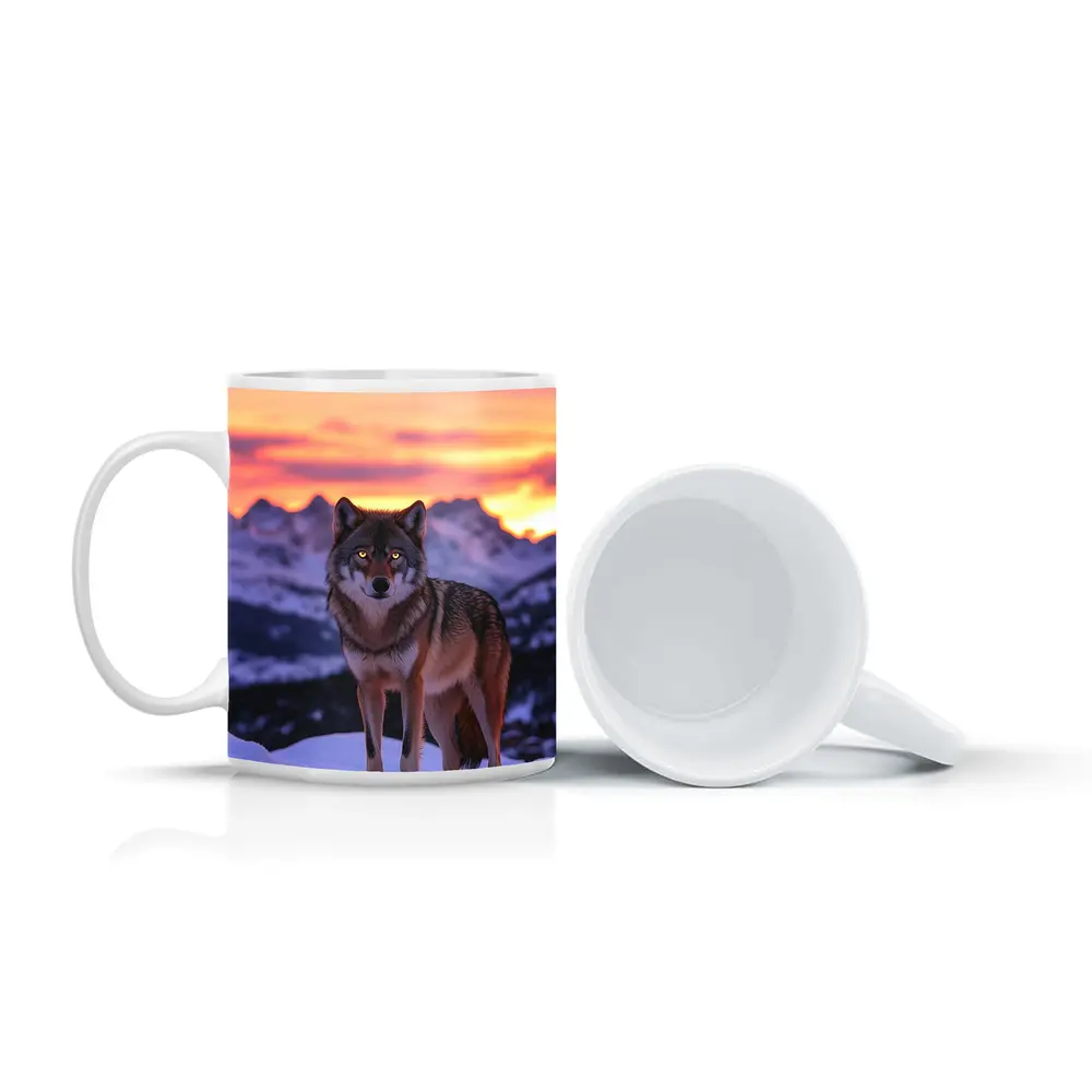 Gray Wolf Standing in Snowy Mountain Sunset – Mugs
