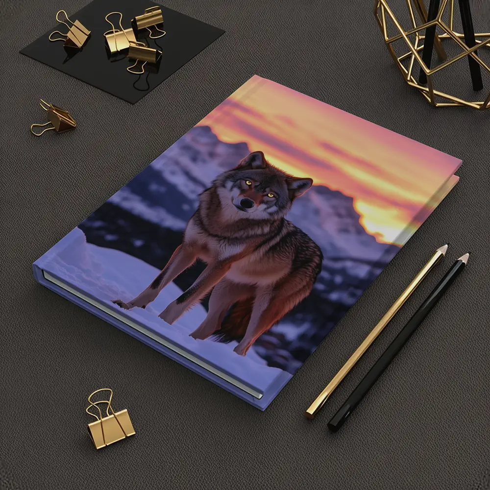 Gray Wolf Standing in Snowy Mountain Sunset – Notebooks