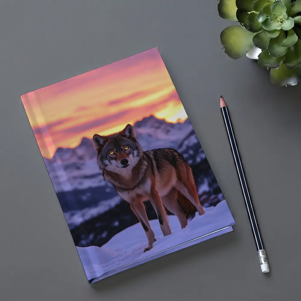 Gray Wolf Standing in Snowy Mountain Sunset – Notebooks