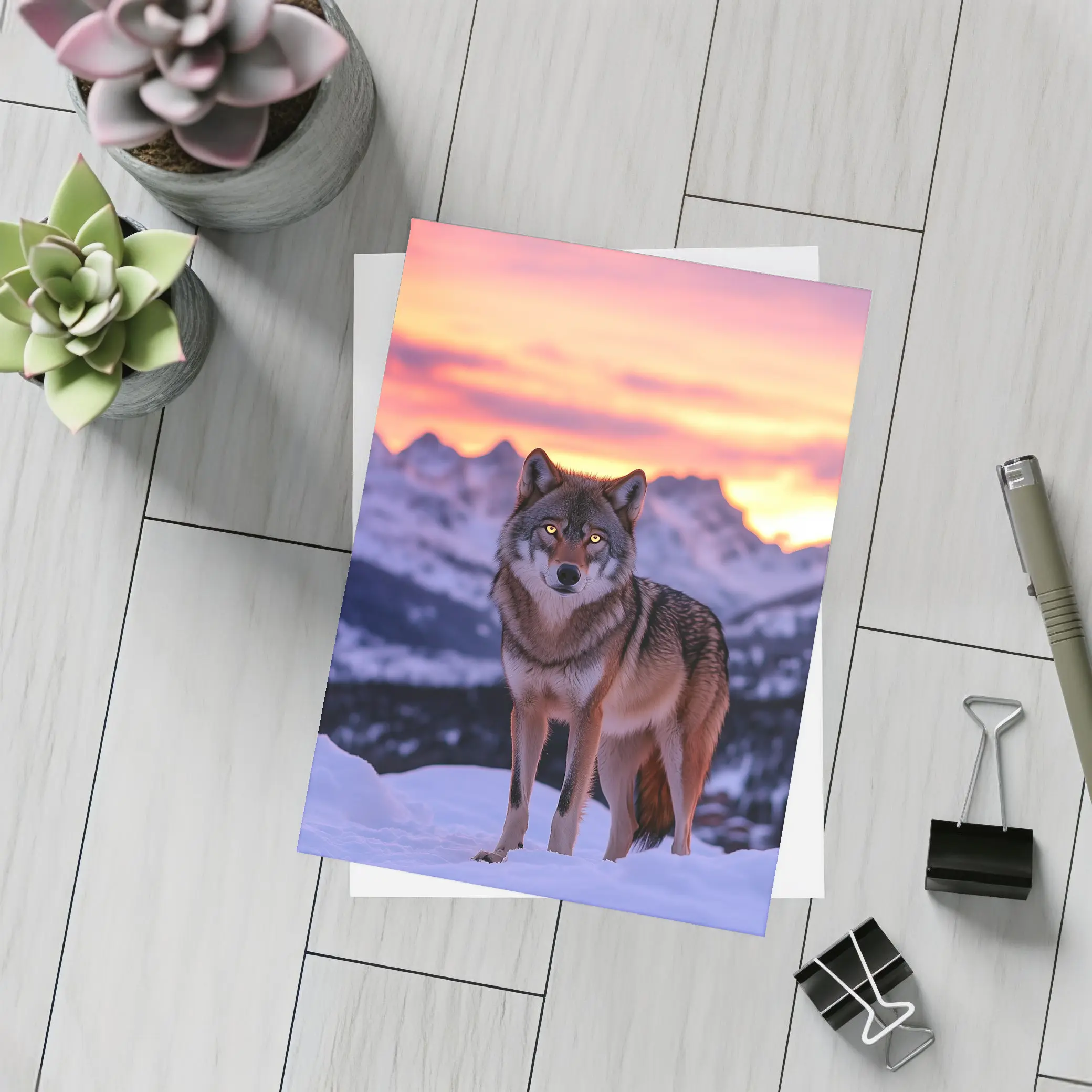 Gray Wolf Standing in Snowy Mountain Sunset – Postcards