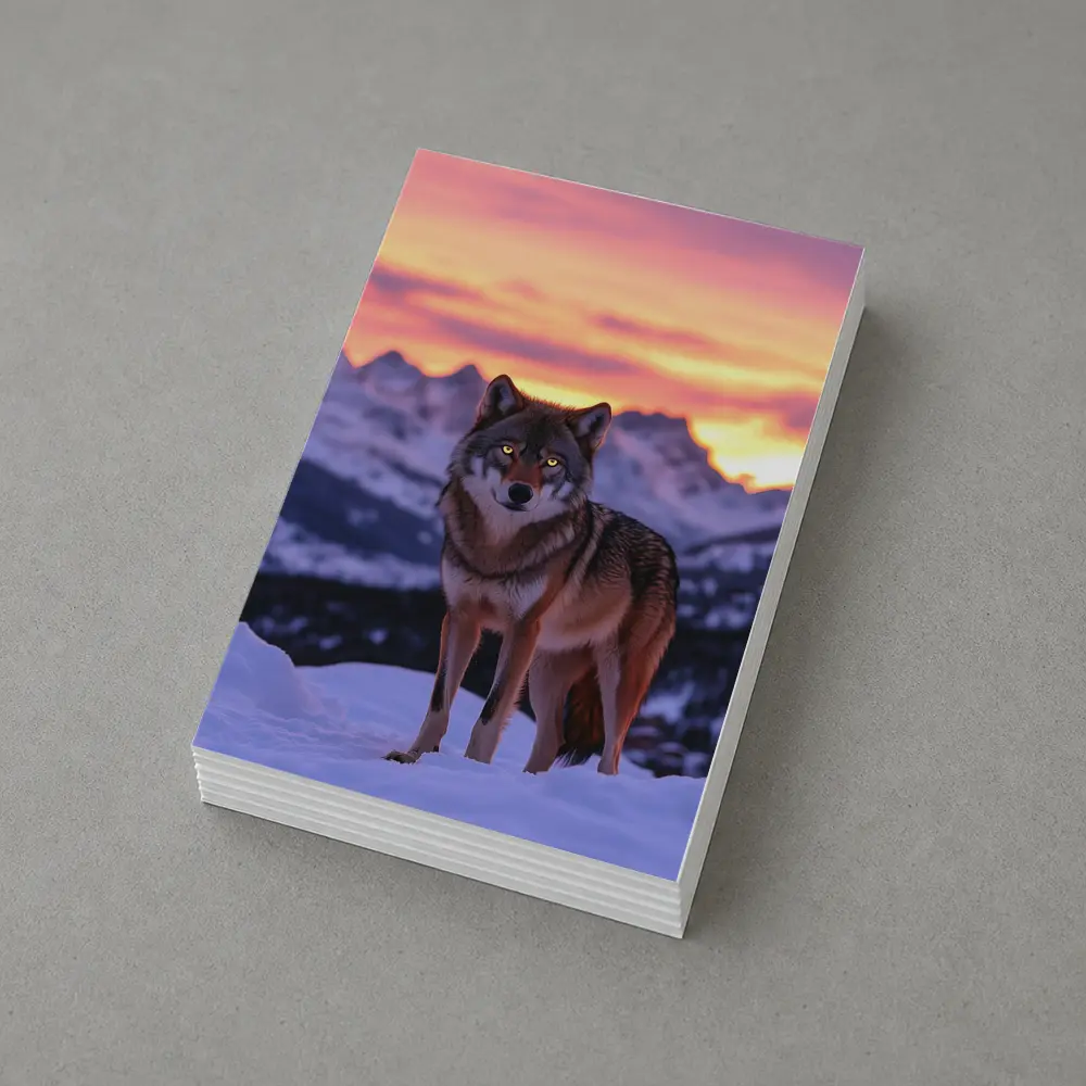 Gray Wolf Standing in Snowy Mountain Sunset – Postcards