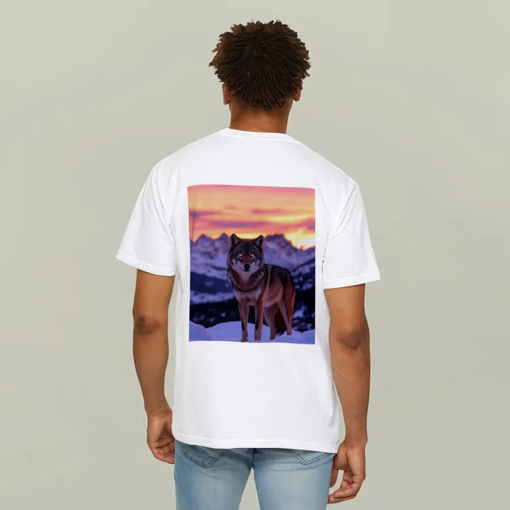 Gray Wolf Standing in Snowy Mountain Sunset – T-Shirts