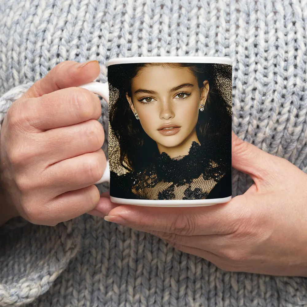Young Woman Black Lace Fashion Portrait – Mugs