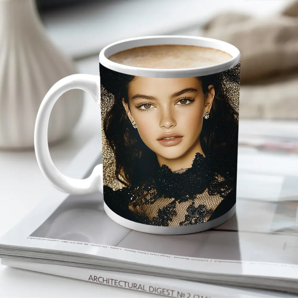 Young Woman Black Lace Fashion Portrait – Mugs
