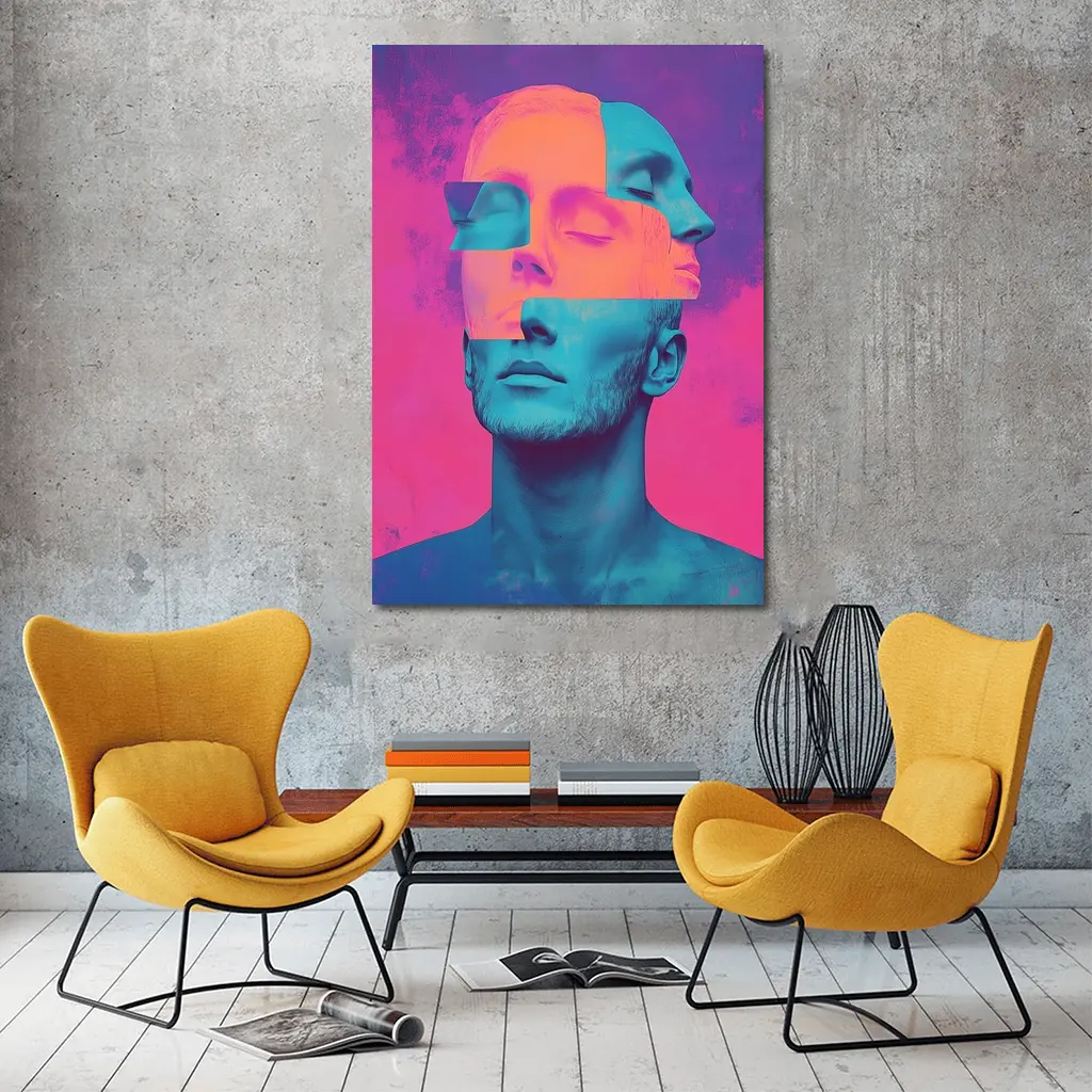 Fragmented Male Face Neon Pop Art – Wall Art