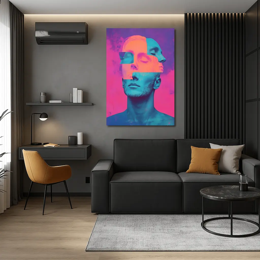 Fragmented Male Face Neon Pop Art – Wall Art