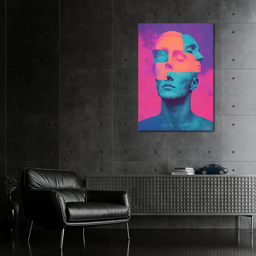 Fragmented Male Face Neon Pop Art – Wall Art