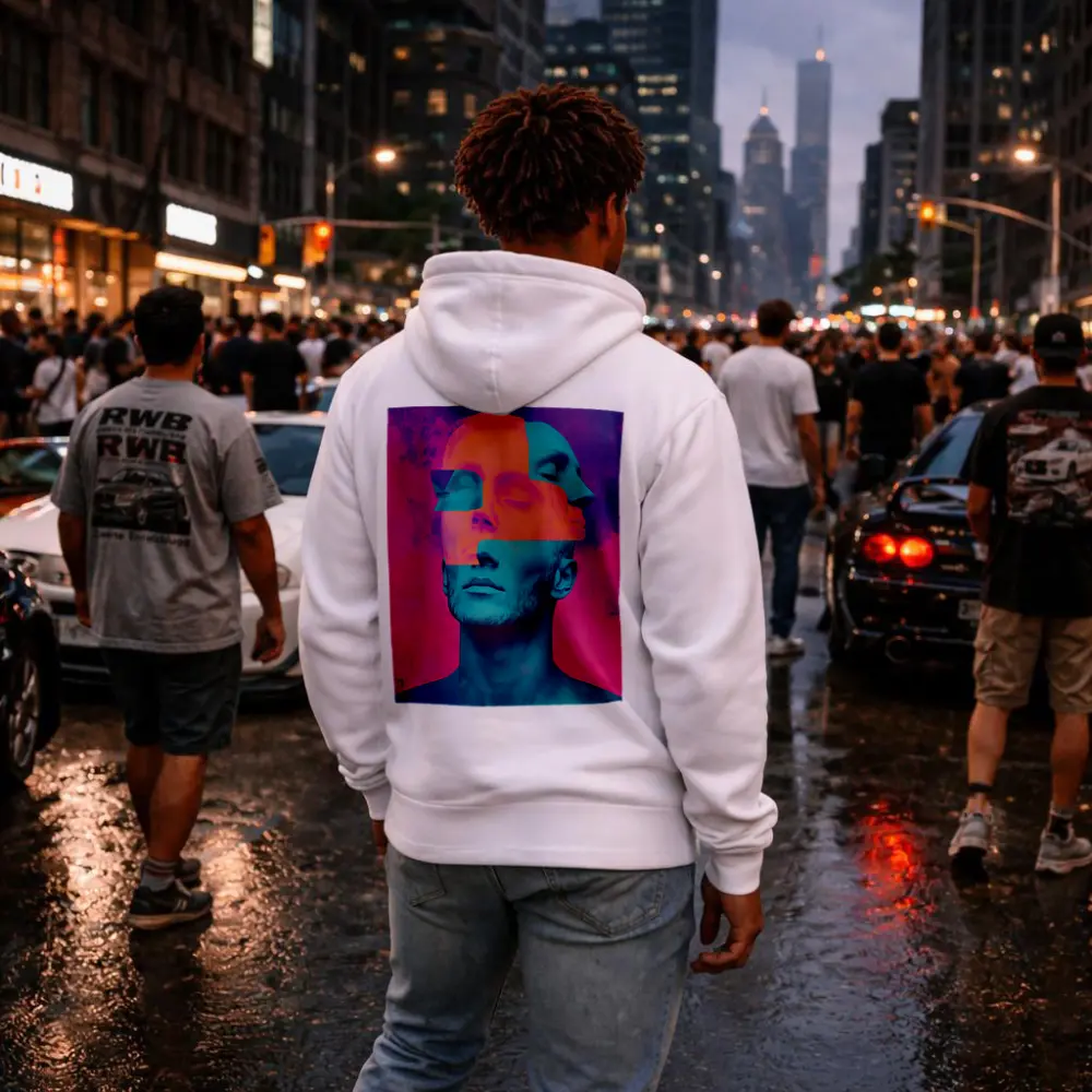 Fragmented Male Face Neon Pop Art – Hoodies