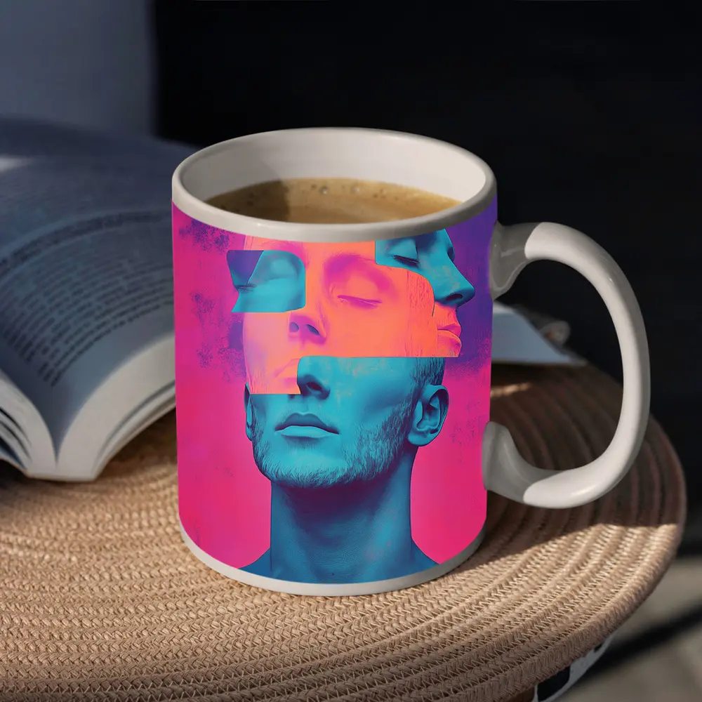 Fragmented Male Face Neon Pop Art – Mugs