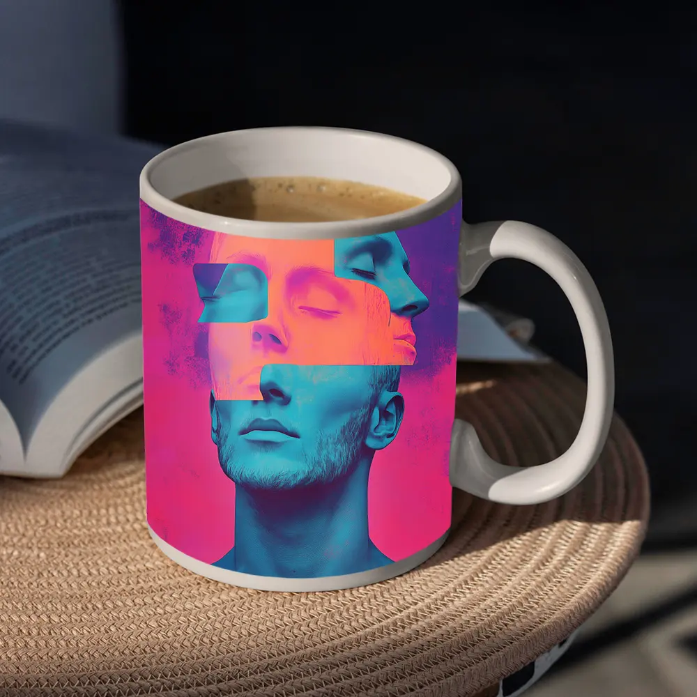 Fragmented Male Face Neon Pop Art – Mugs