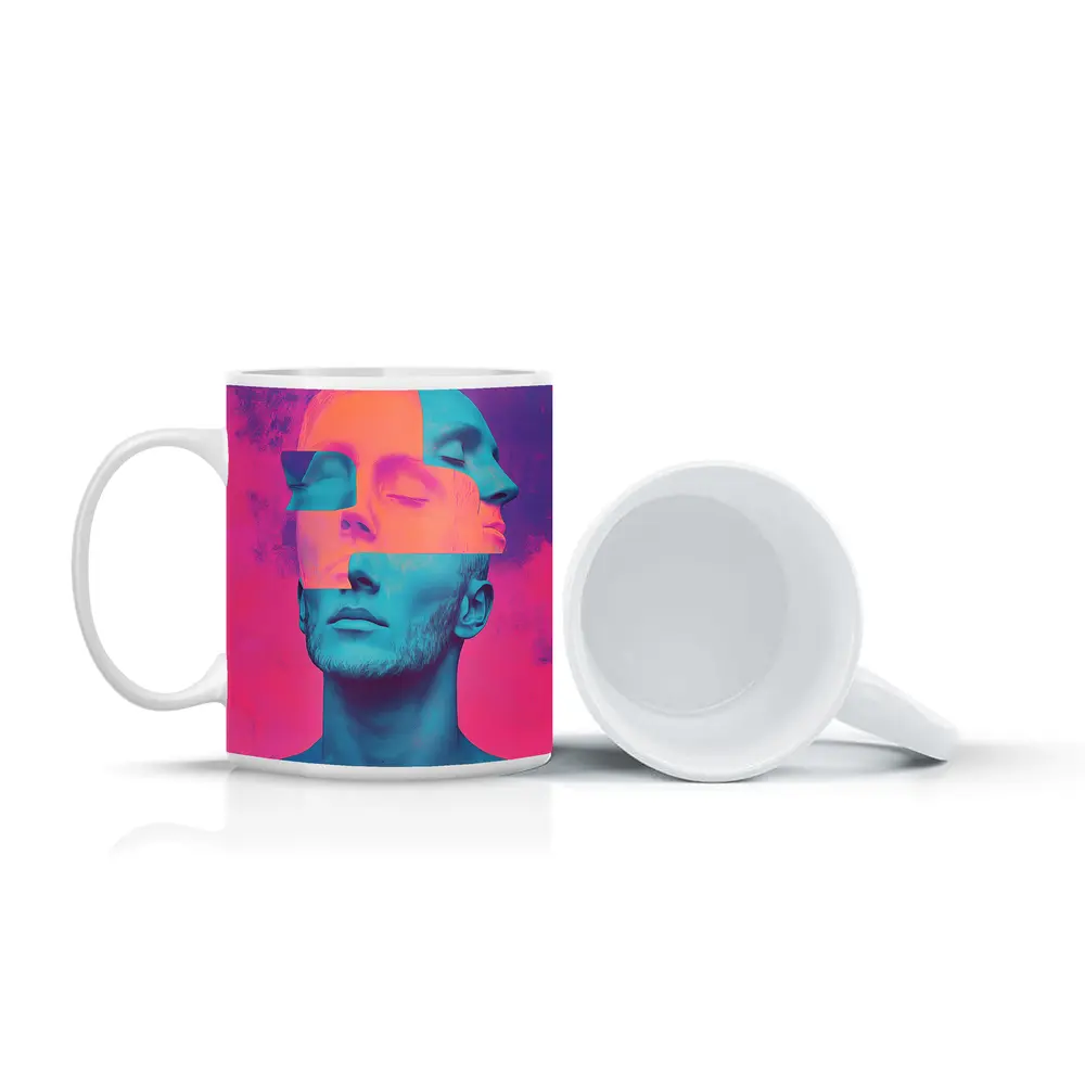 Fragmented Male Face Neon Pop Art – Mugs