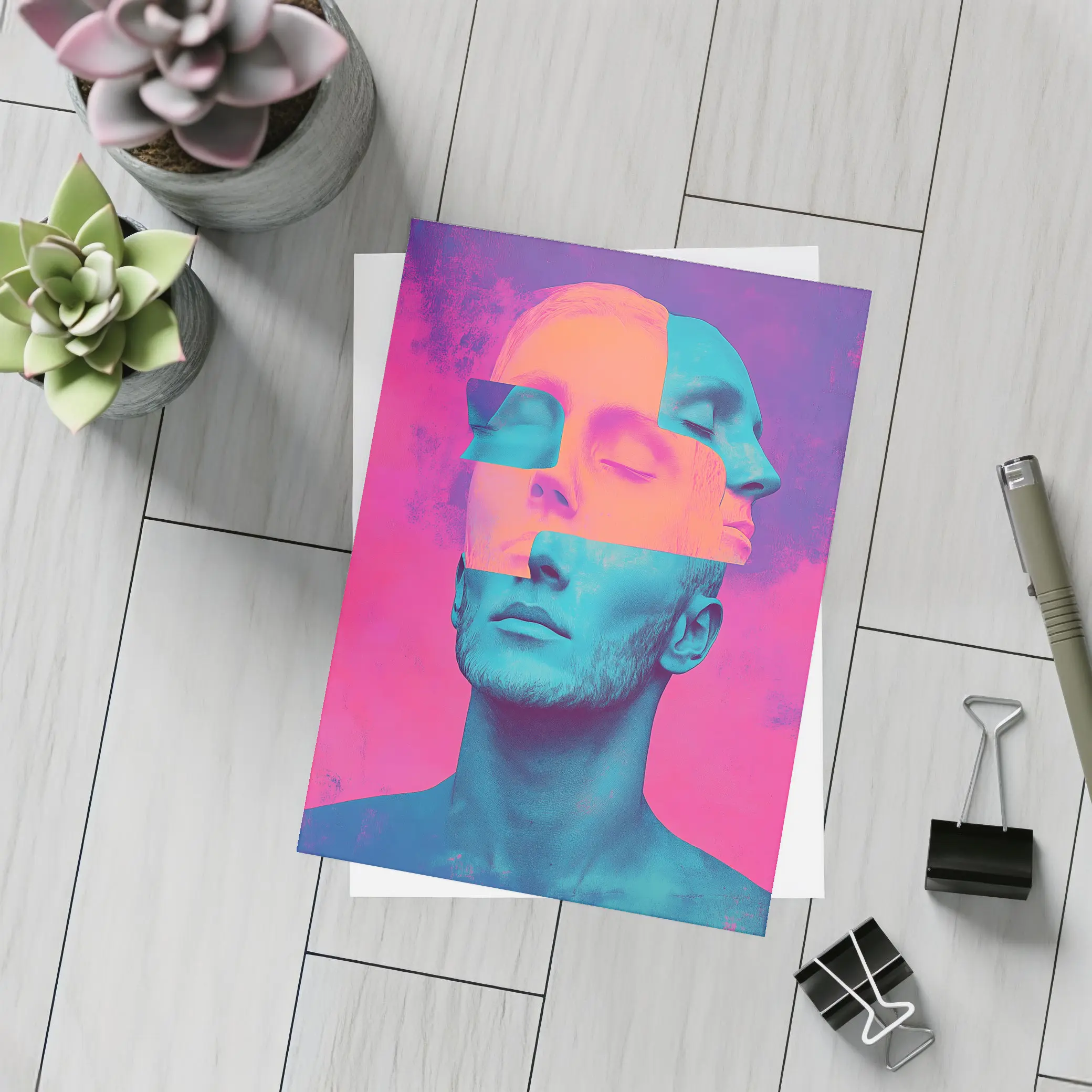 Fragmented Male Face Neon Pop Art – Postcards