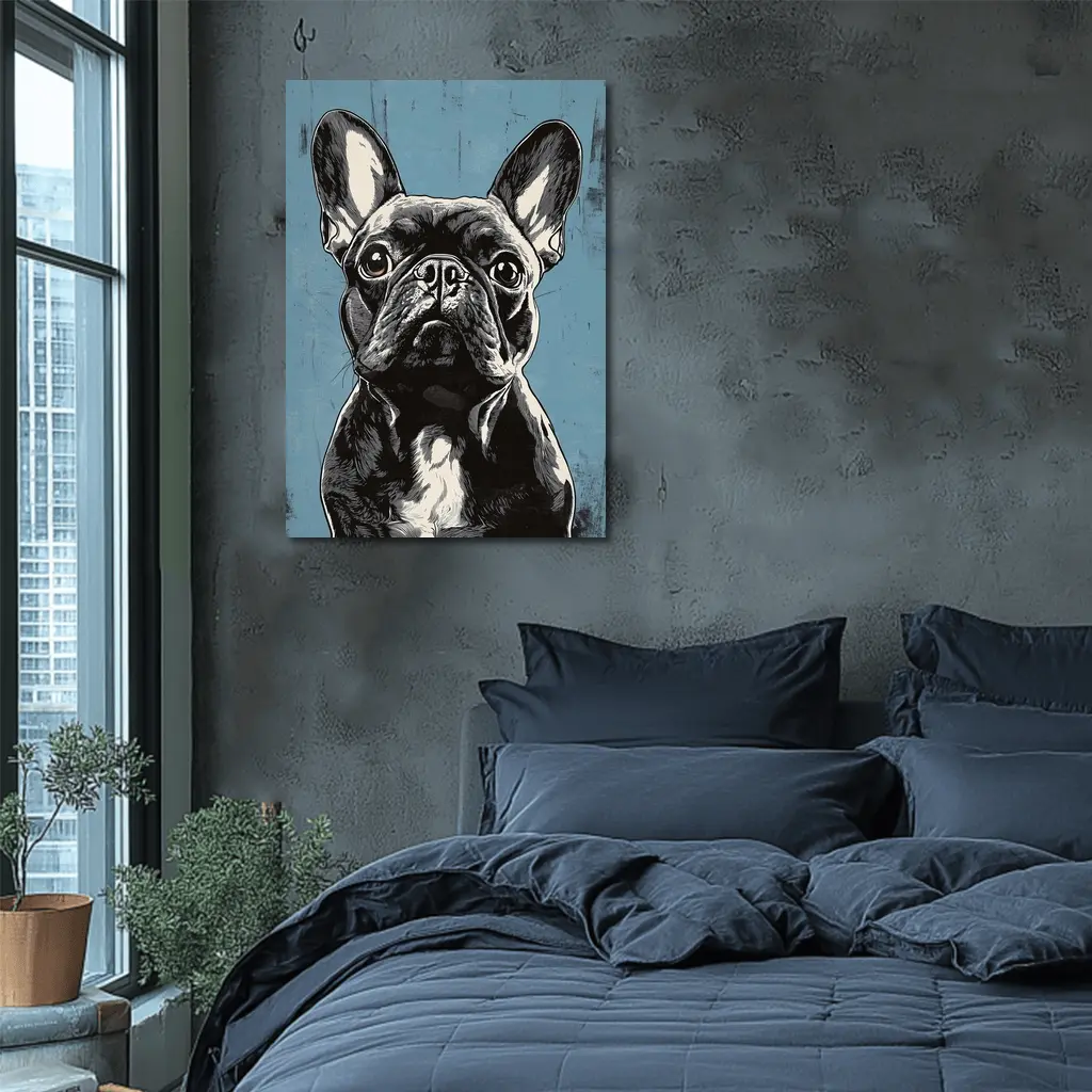 French Bulldog Black White Blue Background Art – Wall Art