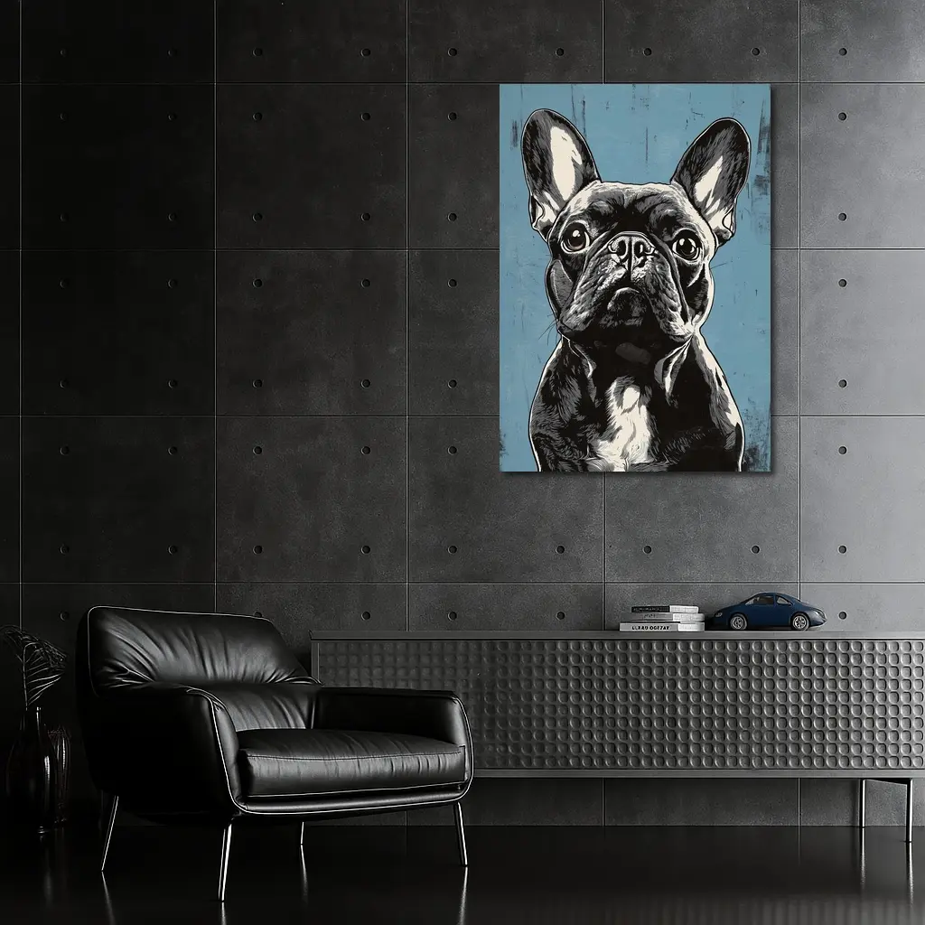 French Bulldog Black White Blue Background Art – Wall Art