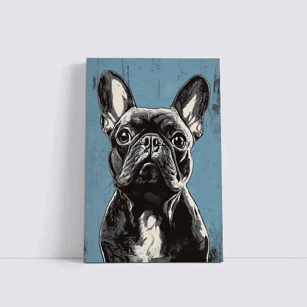 French Bulldog Black White Blue Background Art – Wall Art