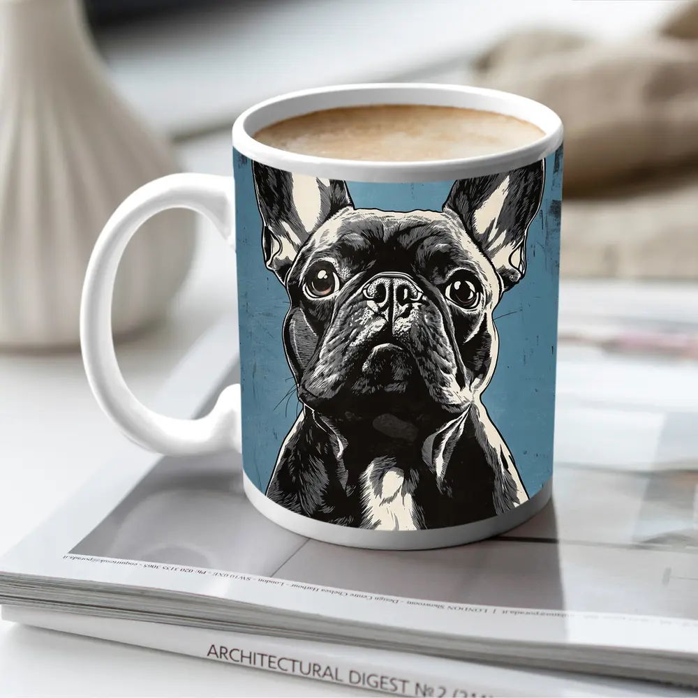 French Bulldog Black White Blue Background Art – Mugs