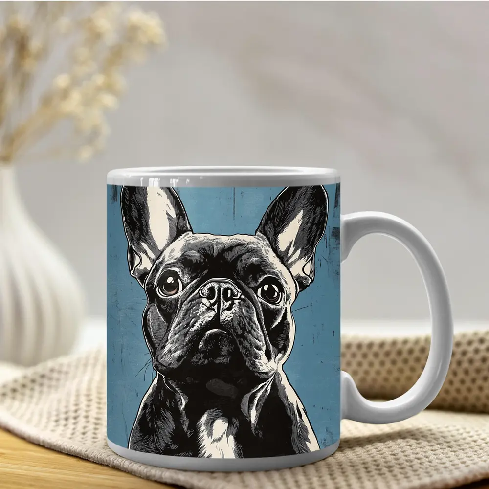 French Bulldog Black White Blue Background Art – Mugs