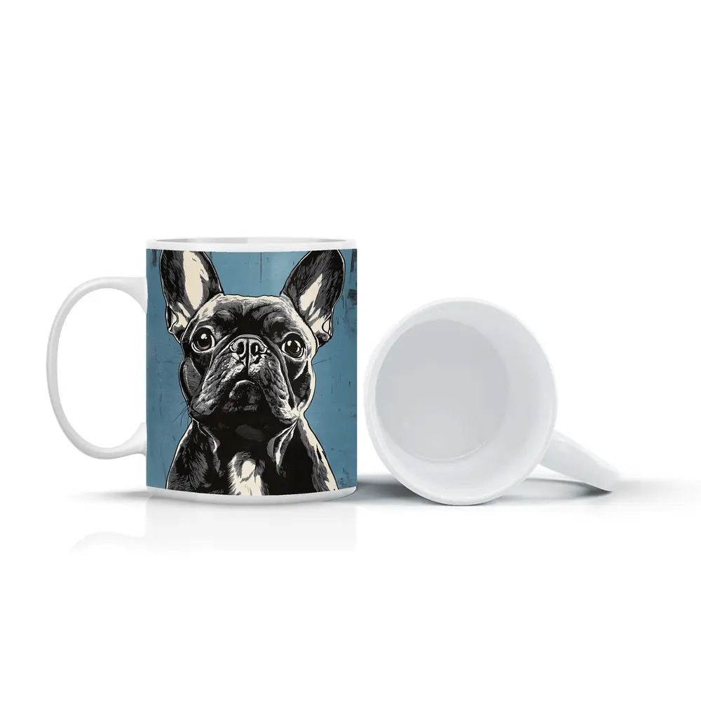 French Bulldog Black White Blue Background Art – Mugs