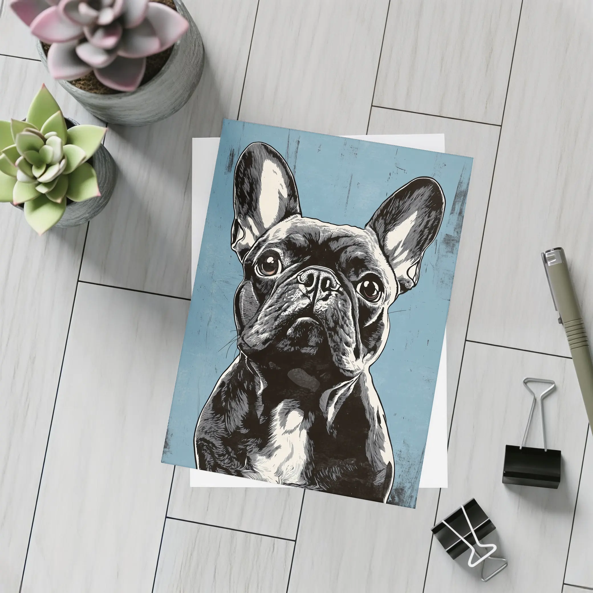 French Bulldog Black White Blue Background Art – Postcards