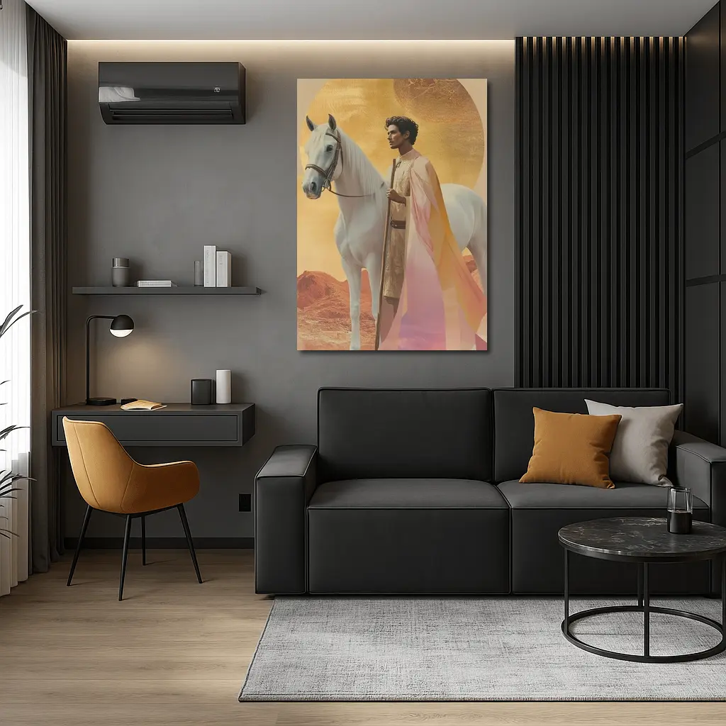 Warrior Man White Horse Desert Gold Background – Wall Art