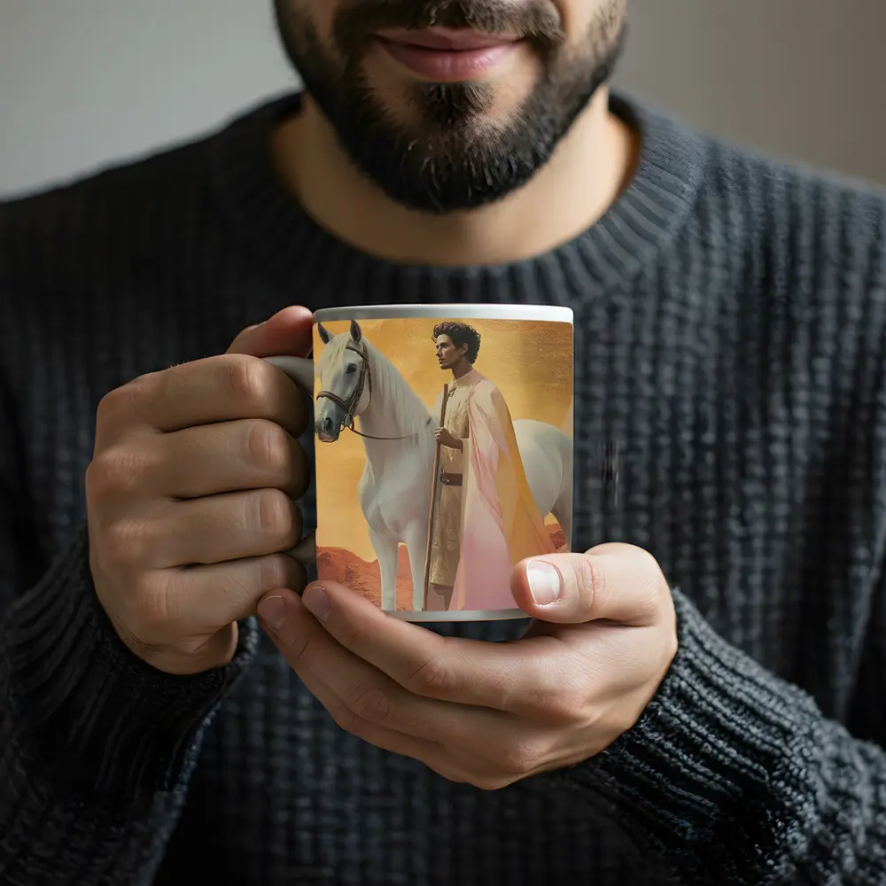 Warrior Man White Horse Desert Gold Background – Mugs