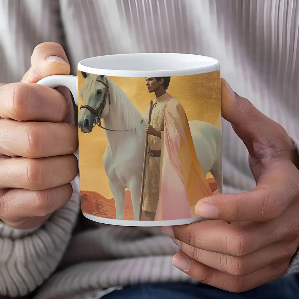Warrior Man White Horse Desert Gold Background – Mugs