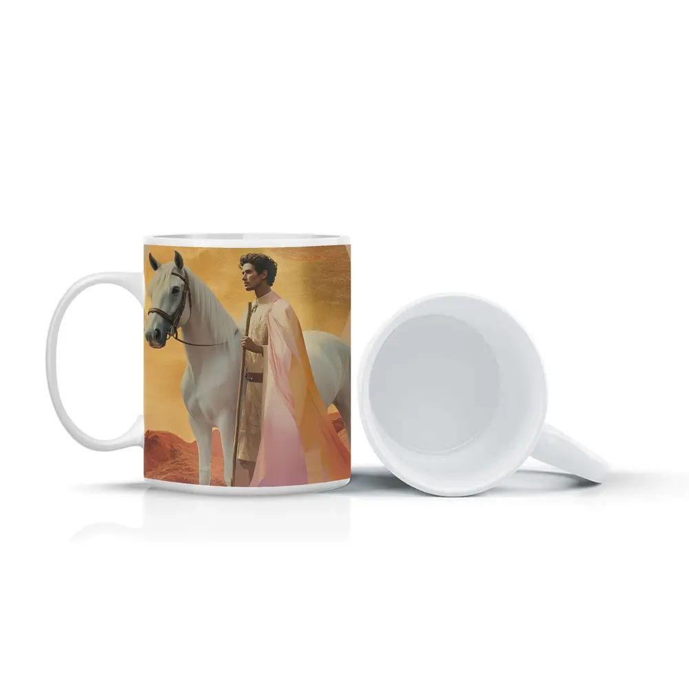 Warrior Man White Horse Desert Gold Background – Mugs