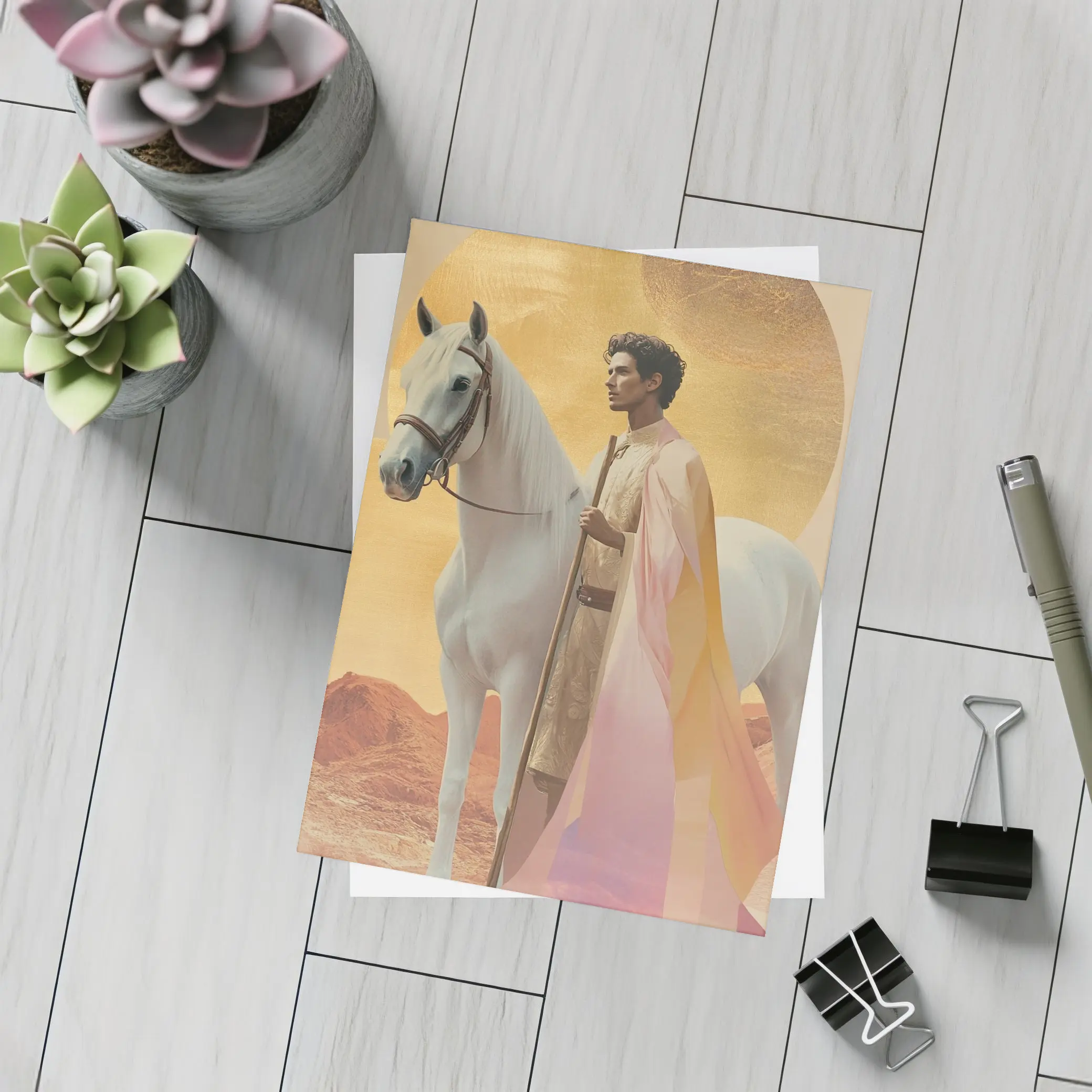 Warrior Man White Horse Desert Gold Background – Postcards