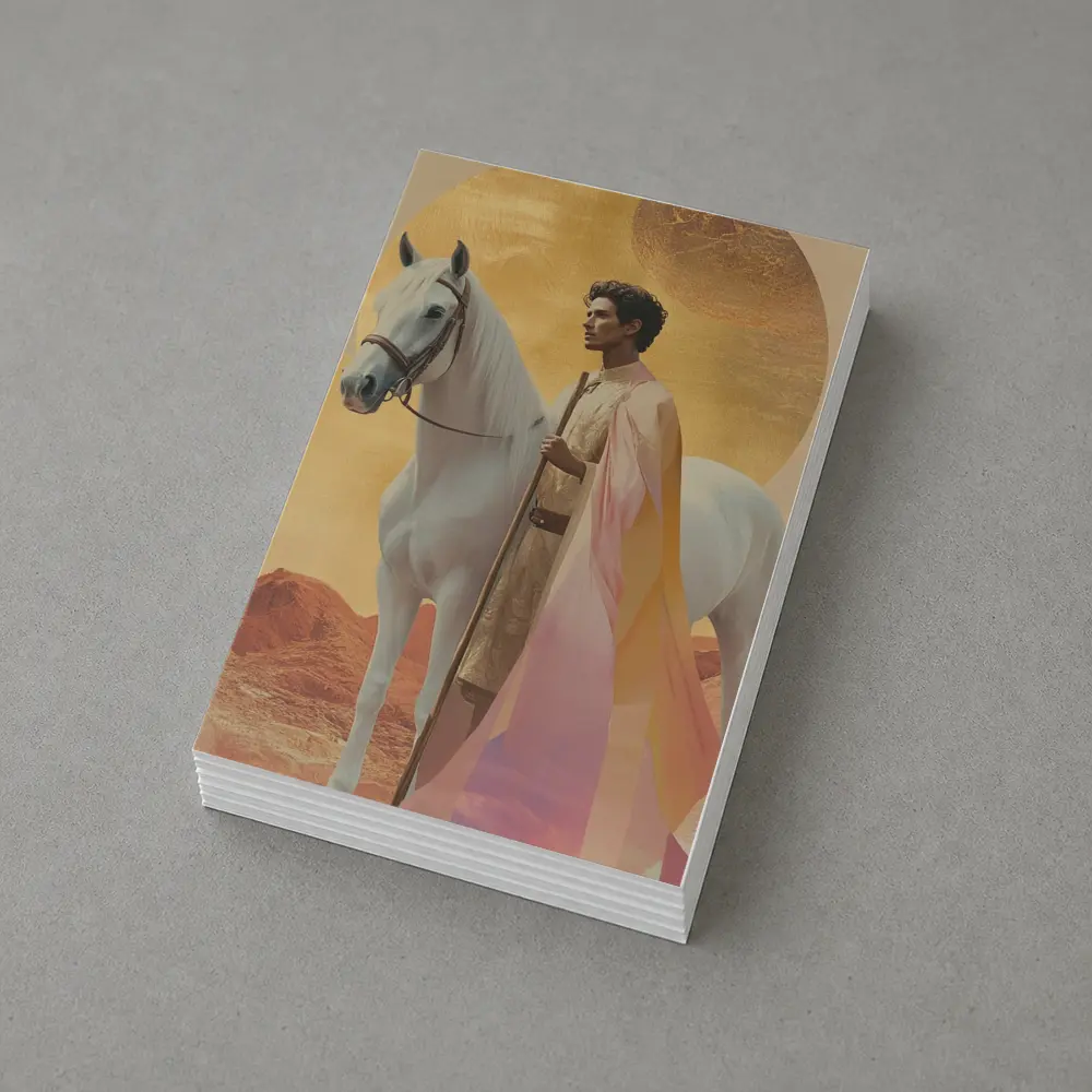 Warrior Man White Horse Desert Gold Background – Postcards
