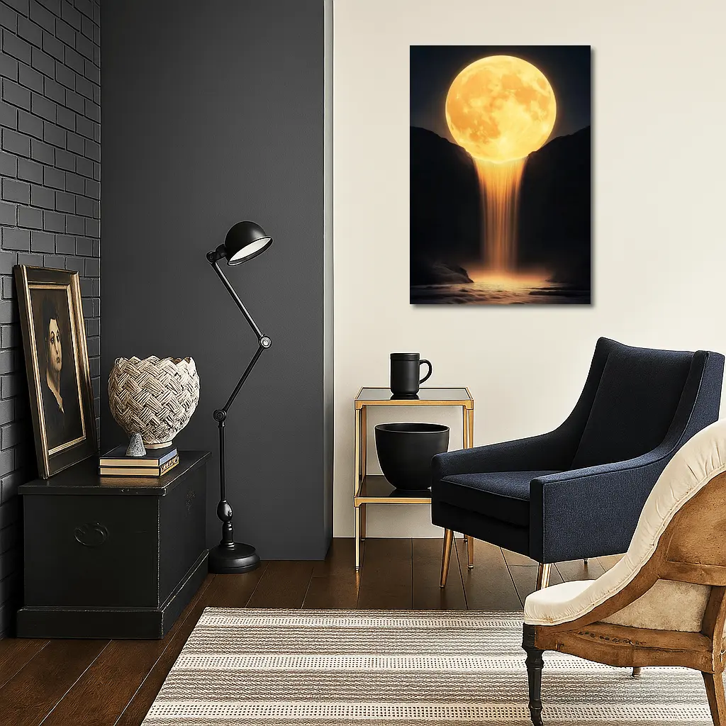 Golden Full Moon Waterfall Dark Night Sky – Wall Art
