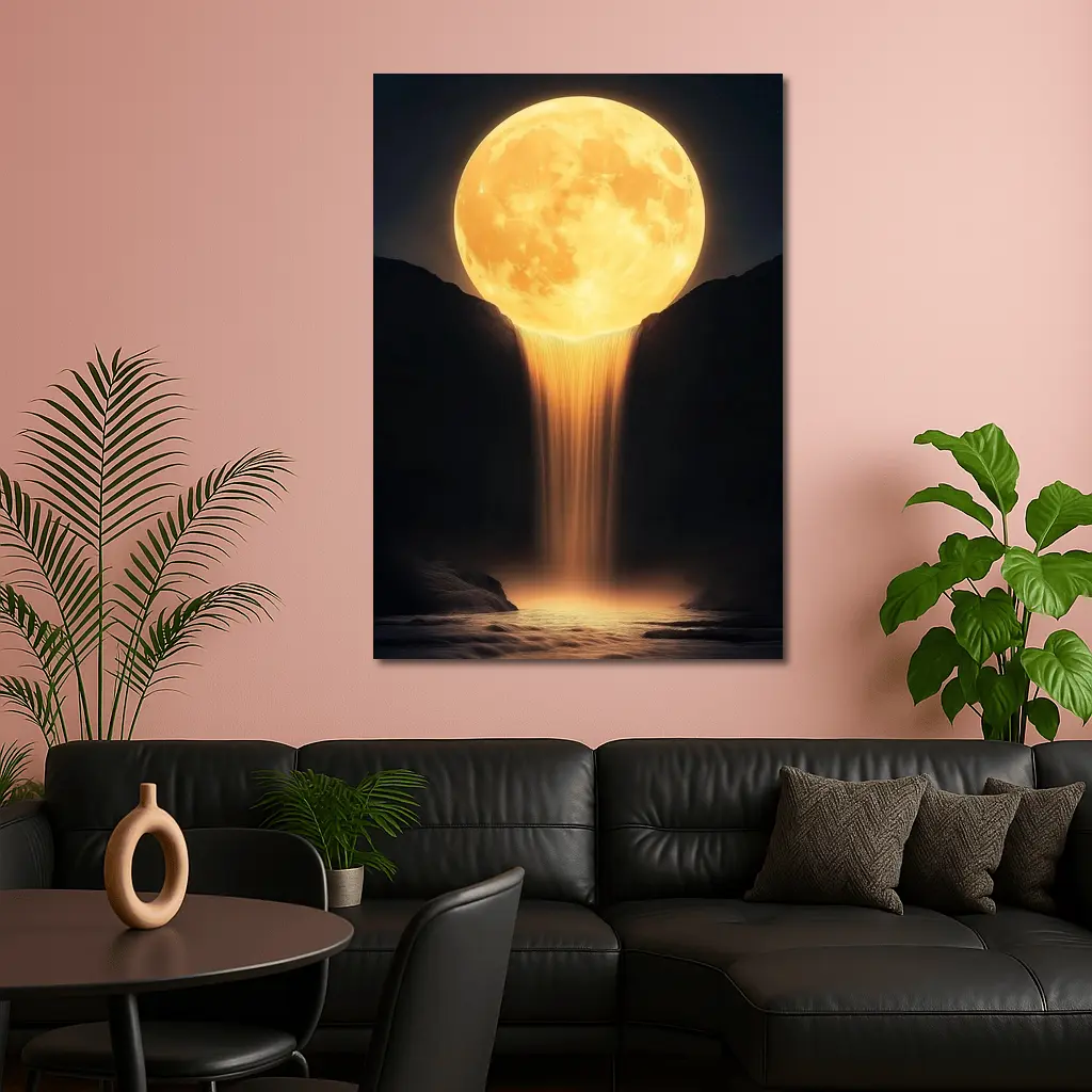 Golden Full Moon Waterfall Dark Night Sky – Wall Art