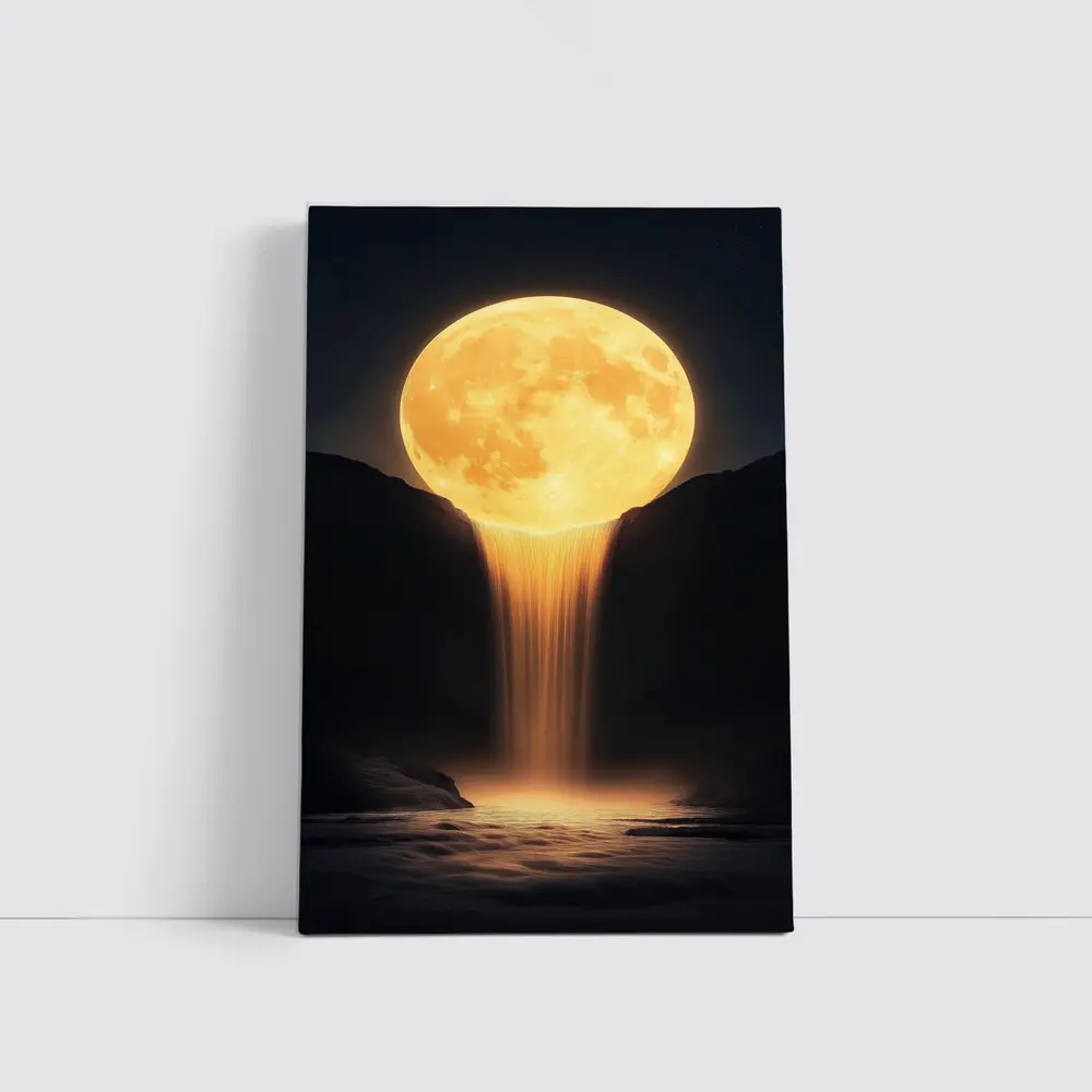 Golden Full Moon Waterfall Dark Night Sky – Wall Art