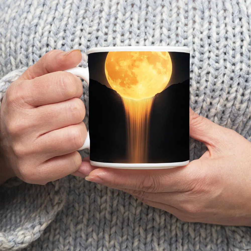 Golden Full Moon Waterfall Dark Night Sky – Mugs