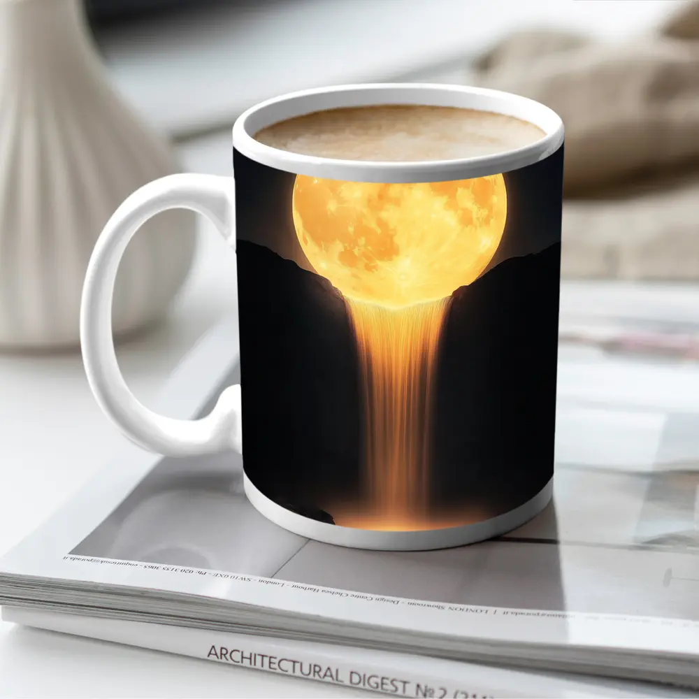 Golden Full Moon Waterfall Dark Night Sky – Mugs