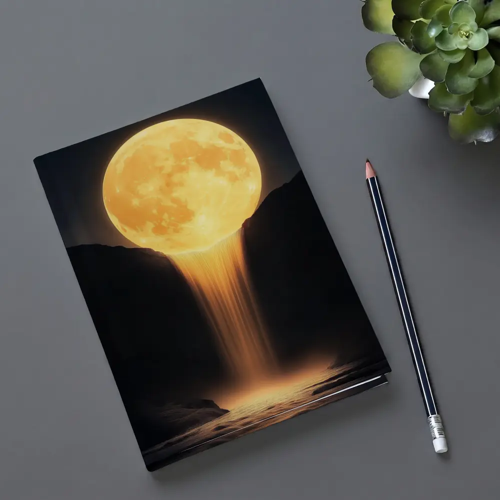 Golden Full Moon Waterfall Dark Night Sky – Notebooks