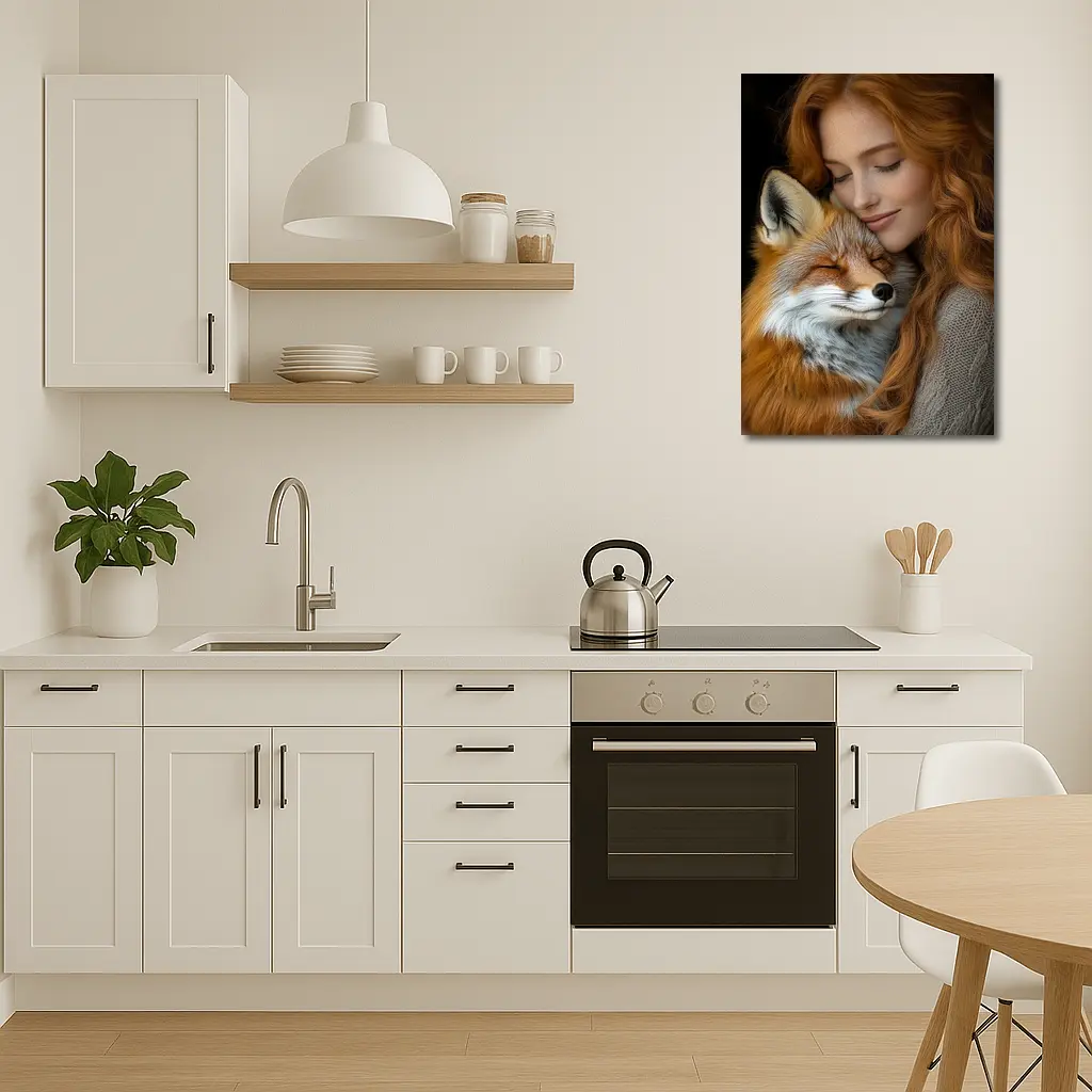Red Haired Woman Hugging Sleepy Red Fox – Wall Art