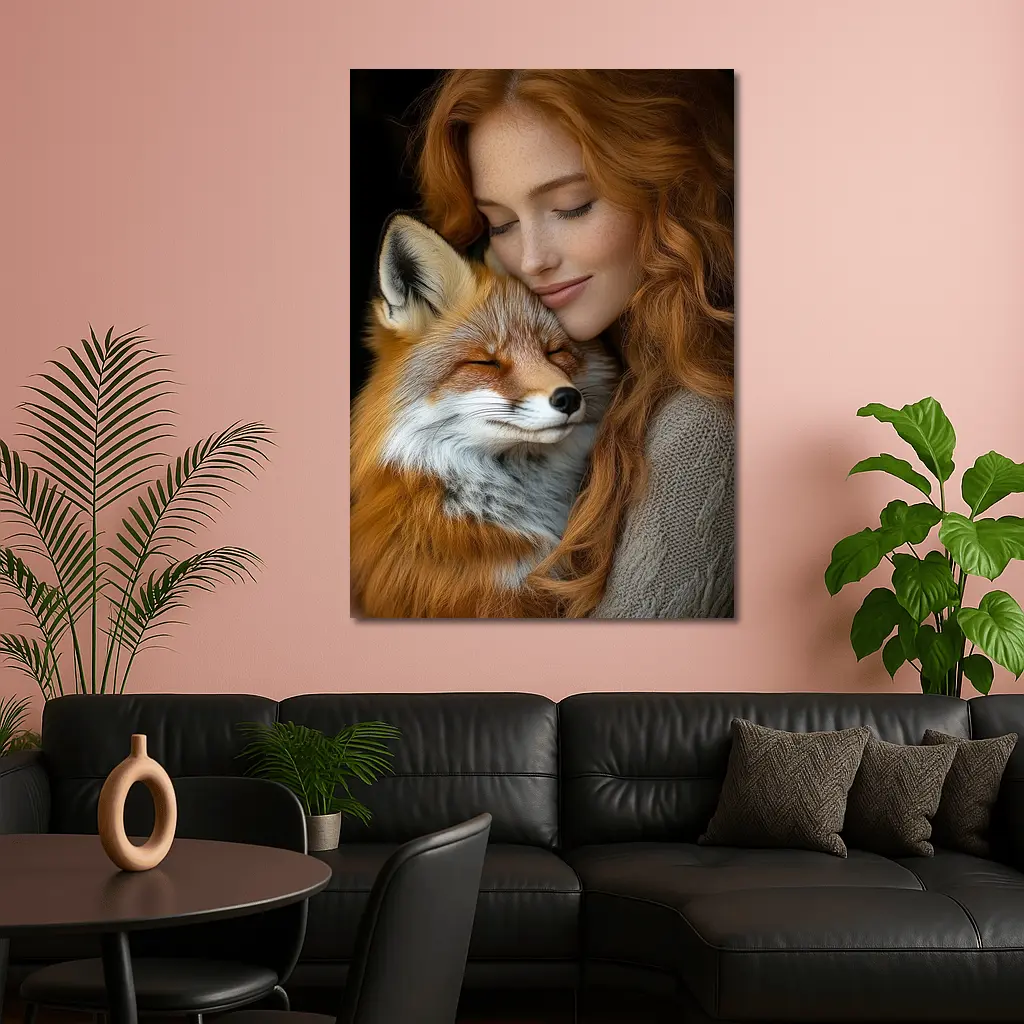 Red Haired Woman Hugging Sleepy Red Fox – Wall Art